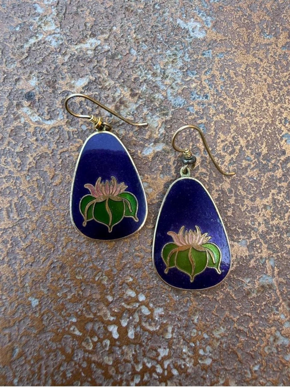 Vtg laurel Burch blue and gold enamel flower earrings #boho #retro #artdeco